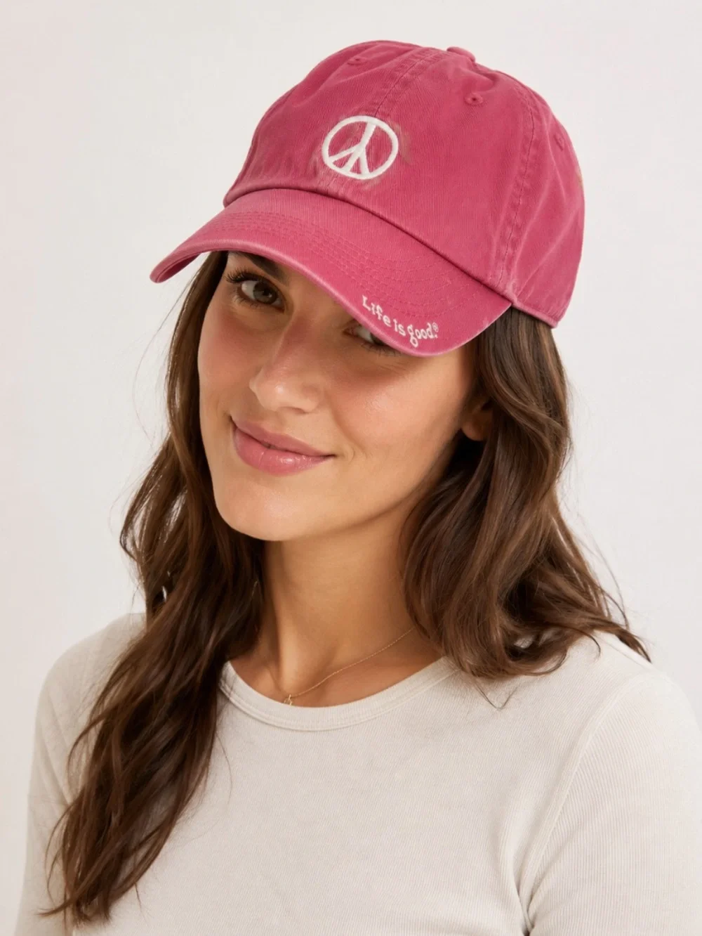 Life Is Good Washed Rose / Pink Baseball Hat White Peace Sign Cap 100% Cotton